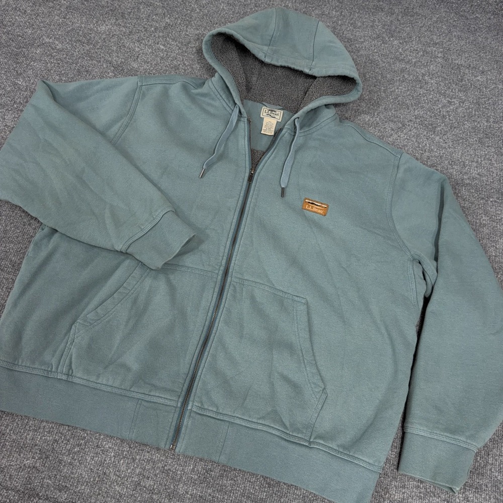 LL Bean Hoodie Men XL Green Katahdin Iron Works Full Zip Sweatshirt Fleece Lined